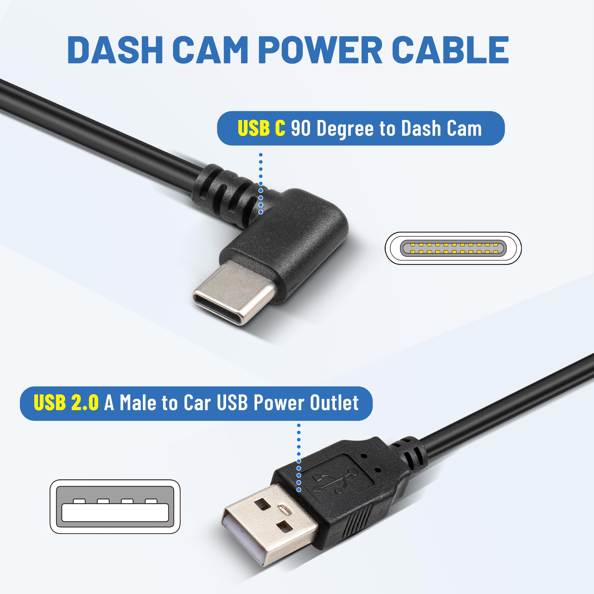 Eway Usb C Dash Cam Power Cord 13Ft, Usb 2.0 A To Type C 90 Degree Angle Charging Cable Usbc Car Charger Adapter Connector For D